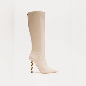NEW Fashion Nova Cream Patent Knee-High Boots with Gold Chain Heel